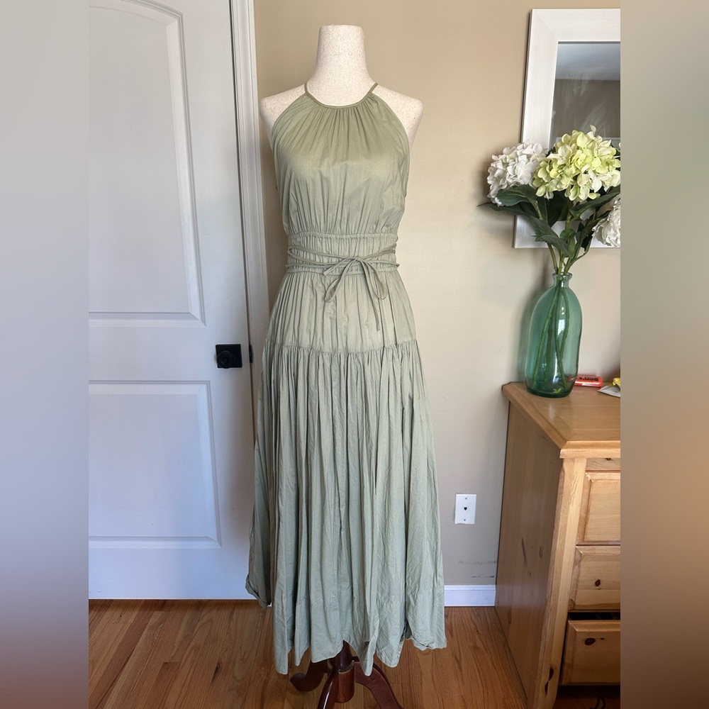 J. Crew Tie Waist Halter Midi Dress Pale Surplus Green A Line Tiered XS - Picture 2 of 9